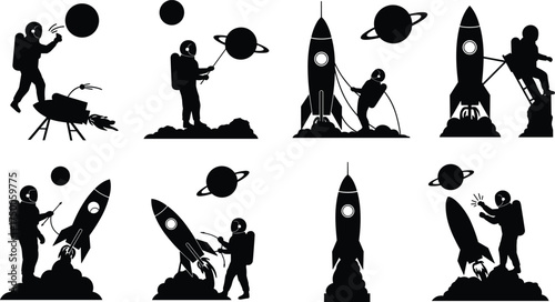 Astronaut silhouette, rocket launch, space mission, planet icon, sci-fi vector, cosmic scene, galaxy art, orbit activity, futuristic design, exploration moment