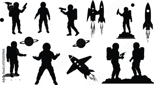 Astronaut silhouette, space gun, rocket launch, planet icon, sci-fi vector, space combat, galaxy theme, cosmic art, orbit scene, futuristic design