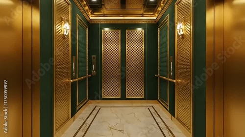 Elegant Elevator Interior Design with Gold and Green Accents.