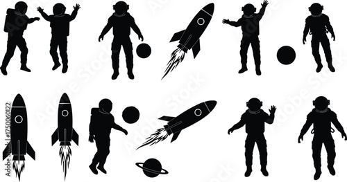 Astronaut silhouette, rocket icon, space exploration, planet shapes, cosmic design, black vector, science theme, galaxy art, orbit elements, futuristic concept