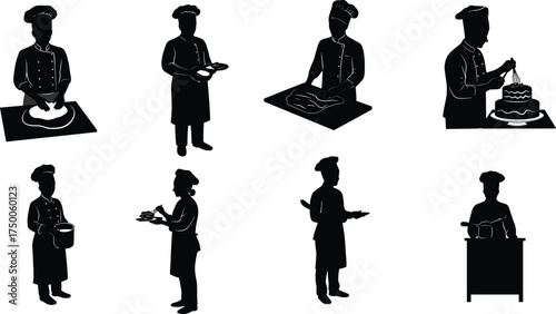 Chef silhouettes, baking activity, cooking process, kitchen staff, food preparation, culinary teamwork, dough kneading, cake decorating, chef attire, professional kitchen