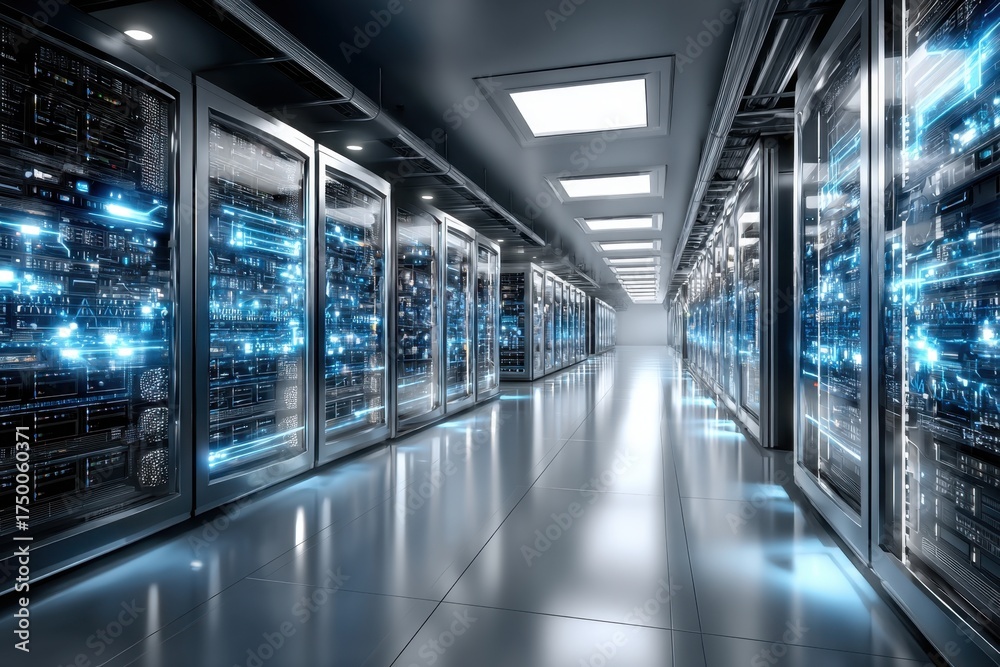 Obraz premium Modern server room with glowing digital data flow