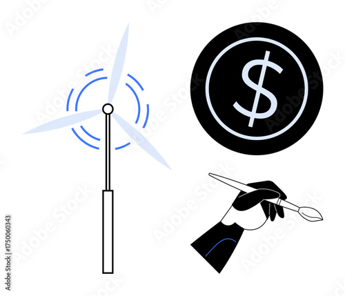 Wind turbine generating energy, hand holding paintbrush for creativity, and dollar sign depicting financial success. Ideal for renewable energy, creativity, sustainability, finance, innovation