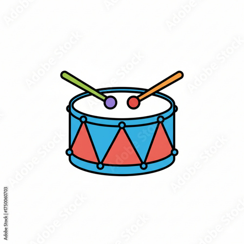 Colorful toy drum with two drumsticks. A simple flat vector illustration perfect for children’s toys, music, or education themes.