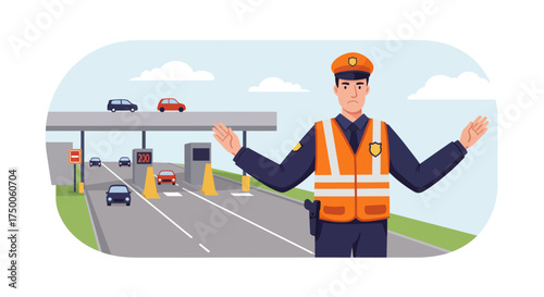 Traffic controller in uniform directing cars at a toll booth.