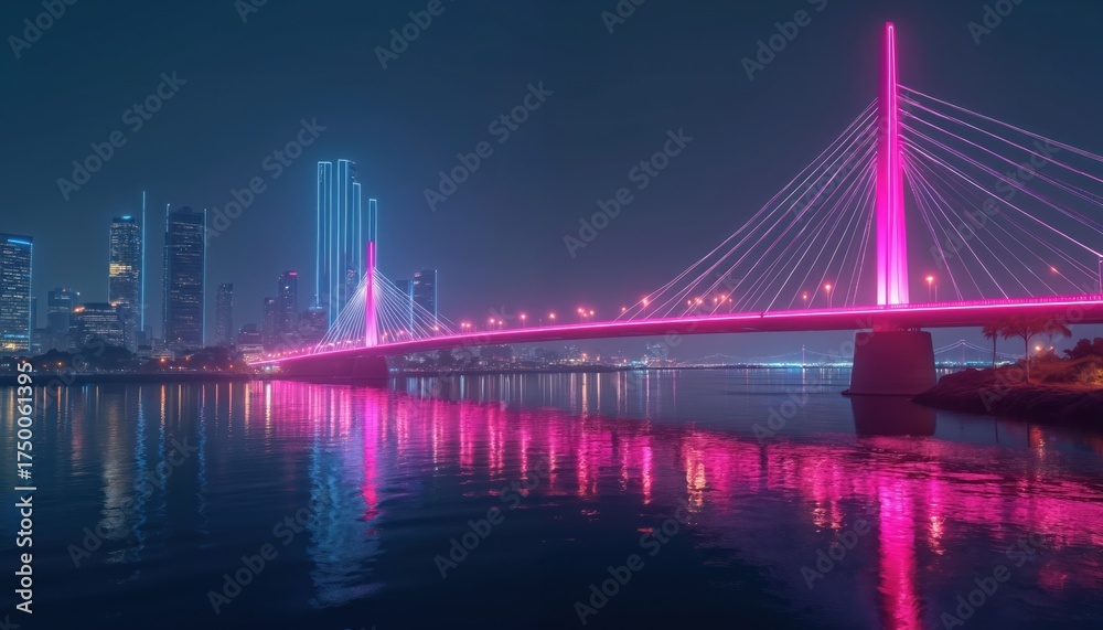Naklejka premium Modern cable-stayed bridge lit with bright pink neon glow crosses calm bay at night. City skyline with blue lit skyscrapers reflects on water surface. Futuristic urban landscape.