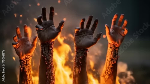 Four hands reaching up from intense flames, symbolizing struggle and despair in a fiery inferno.