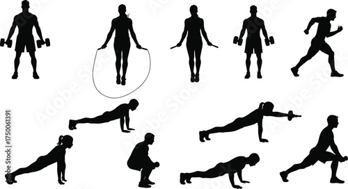Fitness silhouettes, exercise poses, workout routine, gym training, bodyweight exercises, strength moves, cardio drills, plank, push-up, squat, lunge, dumbbell, rope, active lifestyle, 