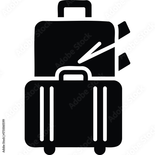 A simple black and white icon showing two suitcases stacked with a boarding pass sticking out on top luggage silhouette