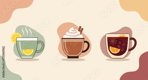 Trio of Steaming Hot Winter Beverages: Tea, Cocoa, and Mulled Wine