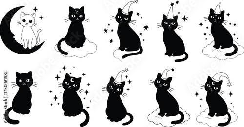 Black cat illustrations, whimsical cartoon style, crescent moon, stars, party hats, wizard hats, cute feline clipart, magical animal design, Halloween theme
