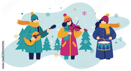 Diverse Trio of Musicians Playing Instruments in Winter Snow