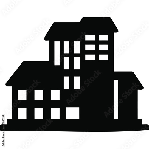 A silhouette of a multi story building with multiple windows and a unique roof design on a white background