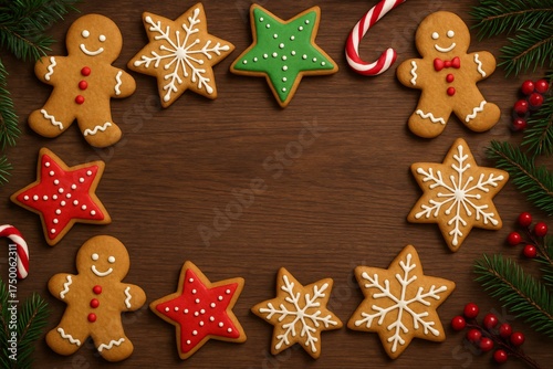 Christmas gingerbread cookies and candy canes on wood