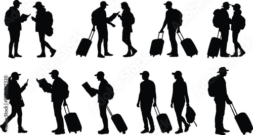 Travelers, airport silhouettes, people with luggage, backpackers, walking, waiting, reading, commuting, journey, tourism, business travel, transit, departure, arrival, crowd, motion, 