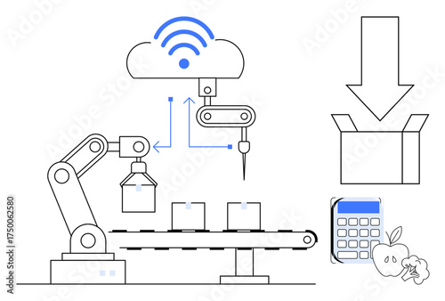 Robotic arm placing items on a conveyor, IoT cloud connection, packaging, and calculation. Ideal for automation, IoT, smart manufacturing, robotics, logistics machine learning simple flat metaphor