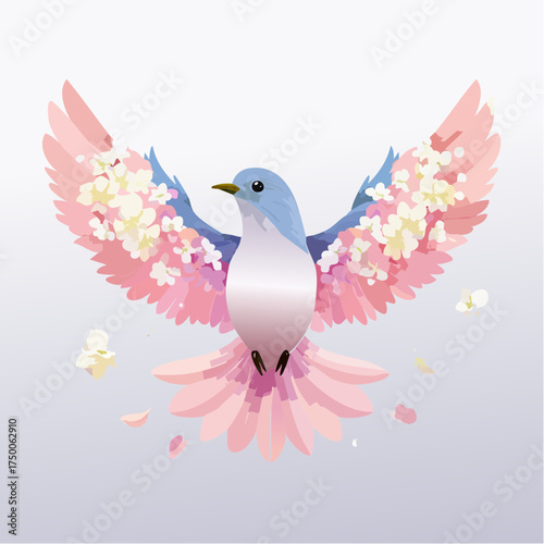 A beautiful blue bird with delicate pink and white cherry blossom petals adorning its outstretched wings, symbolizing spring, freedom, and the beauty of nature in flight
