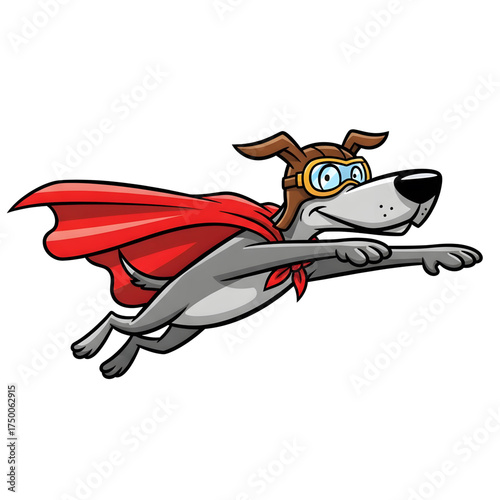 A silly cartoon vector illustration of a dog superhero flying in mid-air with cape billowing.