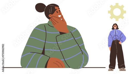 Woman in striped sweater pondering, hand on chin, gears symbolizing creativity. Casual-dressed figure nearby. Ideal for problem-solving, teamwork, creativity, inspiration, brainstorming design