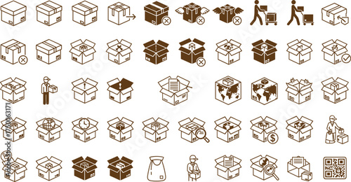 Delivery and shipping icon set, logistics, packaging, courier service, global distribution, parcel management, and warehouse transportation symbols for business design
