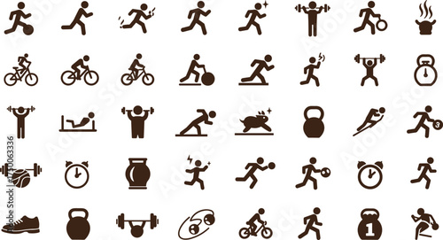 Fitness and sports activity icon set, workout and gym exercise symbols, running, cycling, weightlifting, health training, physical fitness vector design