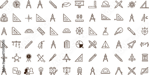 Mathematics, geometry, education, algebra, school tools, study icons, ruler, compass, protractor, measurement, science, academic, learning, vector illustration, drawing tools, equations.