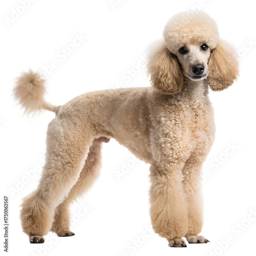 Elegant Poodle in Studio Portrait: A regal poodle stands poised, its distinctive curled coat and intelligent gaze capturing the breed's inherent grace and charm.