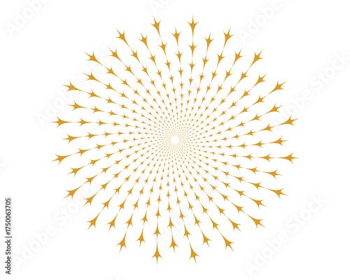 Abstract radial pattern of golden arrows pointing outward in a swirling spiral formation