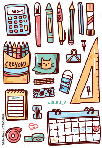 cartoon vector doodle set of stationary