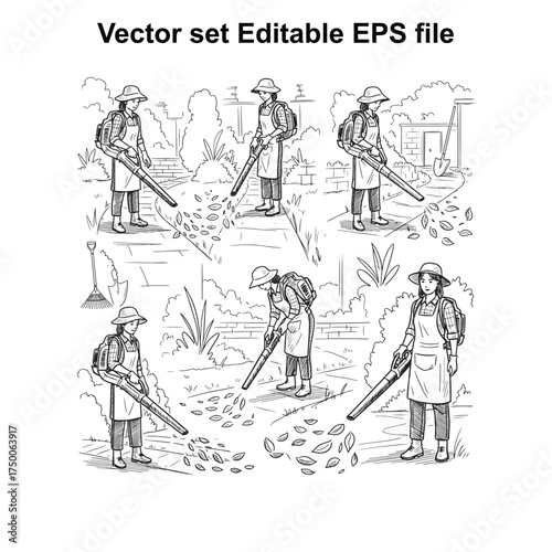 Vector art of vector set of people using leaf blower in garden, men and women clearing leaves from path, gardening work illustration