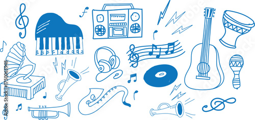 Whimsical hand drawn doodle collection of musical instruments and symbols on white background.