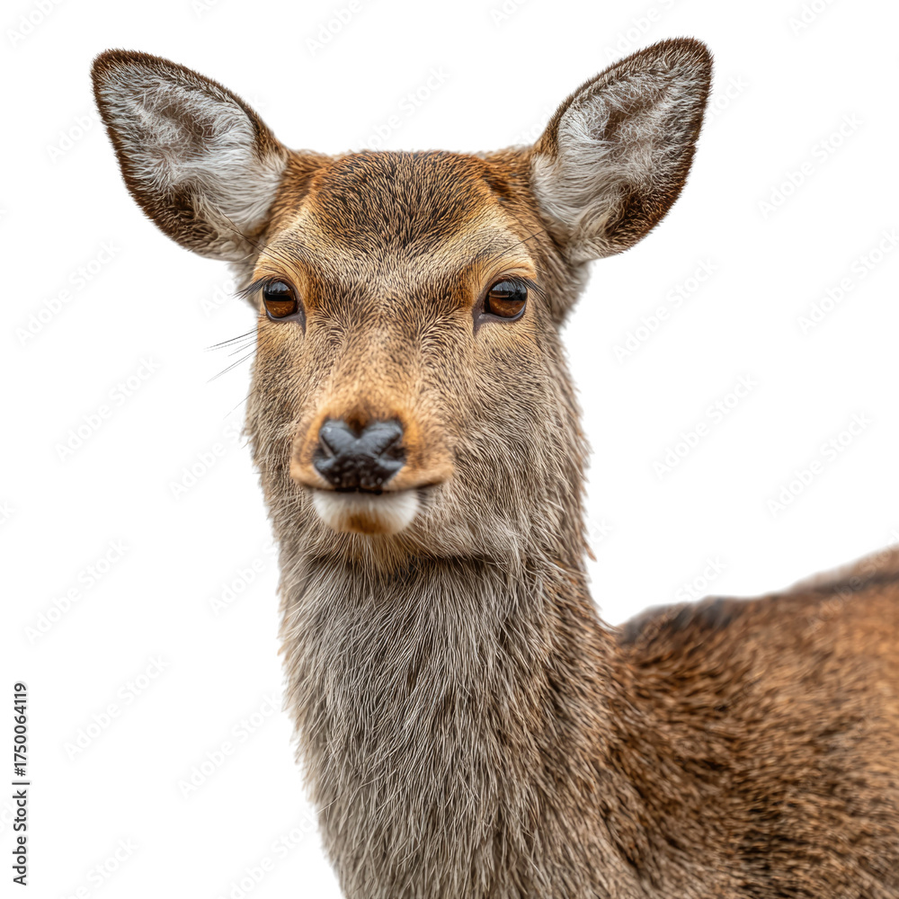Fototapeta premium Close-up portrait of a majestic brown deer with alert ears and gentle eyes, isolated on a transparent background. background removed