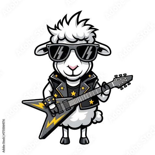 A whimsical cartoon vector illustration of a sheep dressed as a rockstar, holding electric guitar with lightning bolt design.