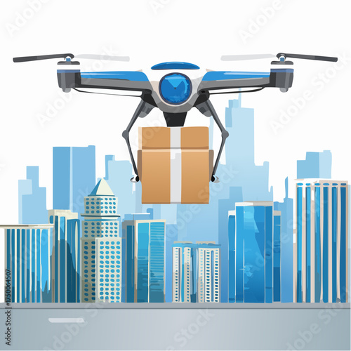 Futuristic drone delivery service concept with a quadcopter carrying a parcel above a modern cityscape. Vector illustration