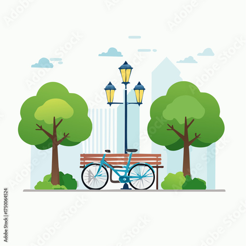 Serene Park Scene Bicycle, Bench, and Streetlight in a Modern Landscape Illustration