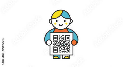 Cartoon child holding a QR code with a cheerful expression  