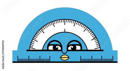 Cartoon protractor character with eyes and smiling face in blue  
