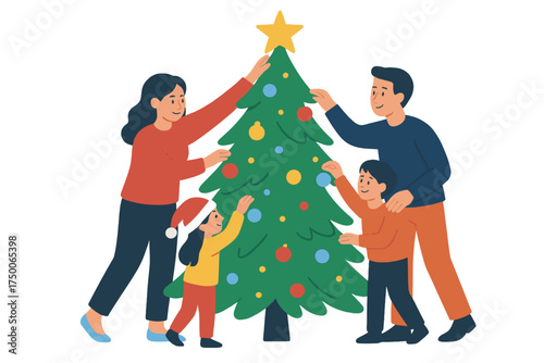 Family decorating Christmas tree together at home with joy family decorating christmas tree