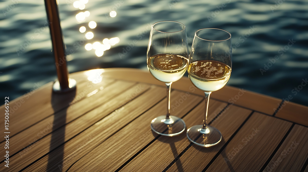 Obraz premium Two glasses of white wine sparkle in the sun on a boat's wooden deck, with the ocean glittering in the background. Relaxation and luxury abound.