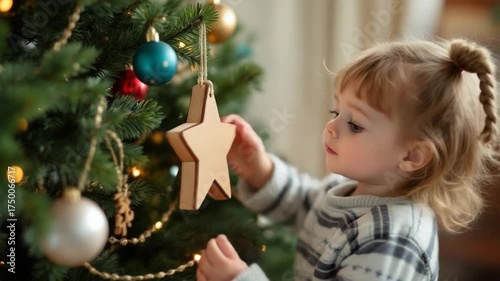 Little Girl Decorating Christmas Tree with Star Ornament.