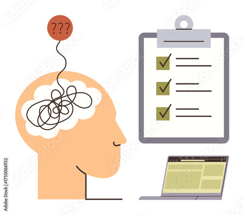 Tangled brain with thought confusion, checklist with tick marks, and open laptop for task management. Ideal for mental clarity, decision-making, organization, productivity, stress reduction