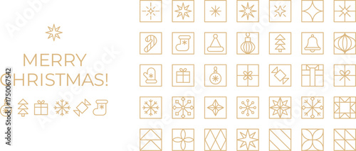 Gold line Christmas icons. Christmas card geometric ornaments. Luxury linear art deco Christmas banner design elements.
