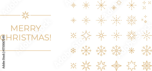 Gold line Christmas stars, sparkles, snowflakes. Luxury New Year card, linear art deco Christmas banner design elements.