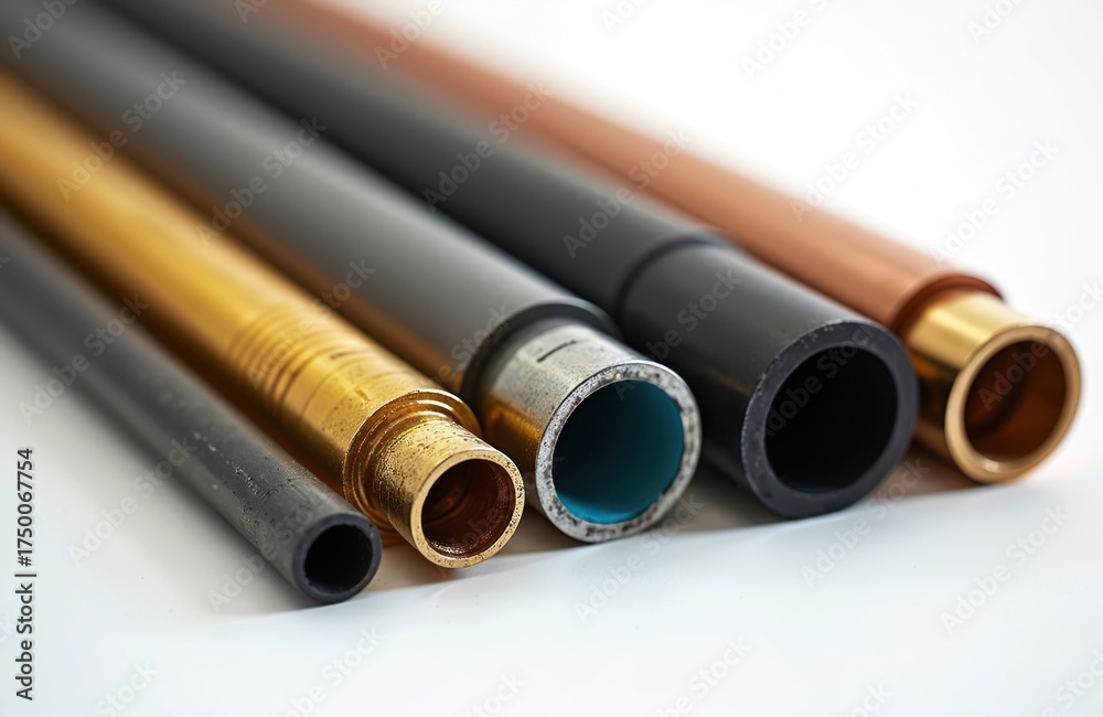 Fototapeta premium Close-up of assorted industrial tubes in various colors, diameters. Different end caps, internal structures are visible. Tubes are made of metal, plastic materials. They have different shapes, sizes.