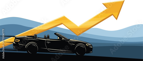 Illustration of a black convertible car with a rising yellow arrow, symbolizing growth and success