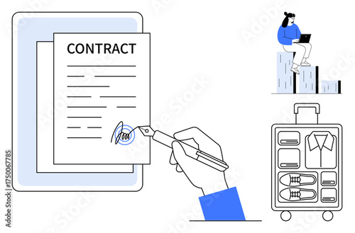 Hand signing a digital contract on a tablet, open suitcase neatly packed with clothes, remote worker using a laptop. Ideal for business, travel, organization, remote work, agreements, mobility