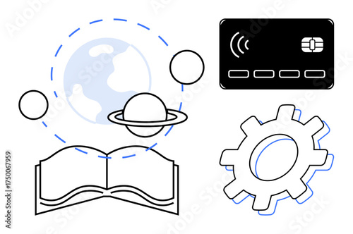 Open book with planets and Earth orbiting above, gear icon representing innovation, and contactless debit card for technology. Ideal for education, finance, innovation, science, digital progress