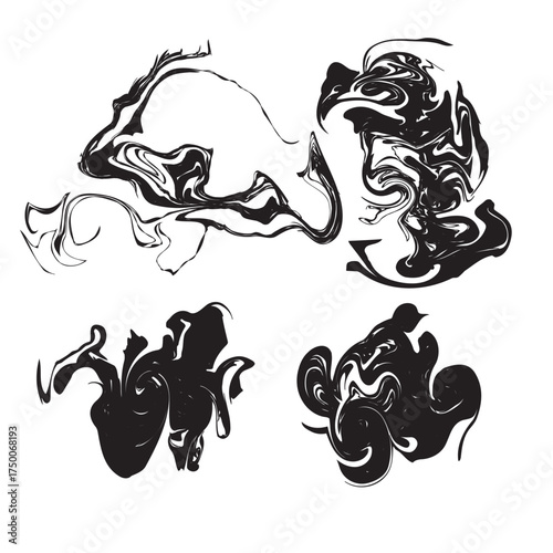 Abstract black ink swirls and clouds of smoke or liquid on a white background