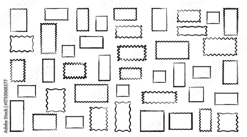 Collection of hand-drawn wavy rectangular and square frames on a white background. Keywords frame, border, wavy related to wavy frame, hand drawn, rectangular border, square frame,