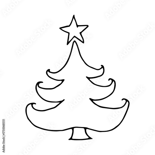 Minimalist Christmas tree outline with star — vector line art illustration on white